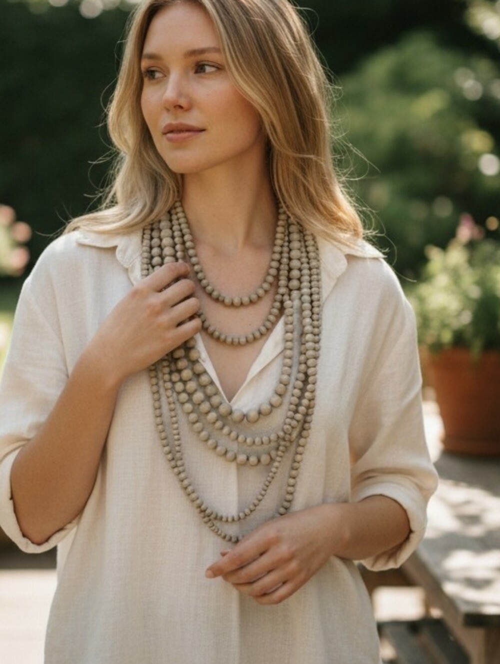 Beaded Multi-Strand Necklace in Beige - Women Jewelry